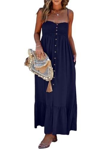 Dokotoo Sundresses for Women 2024 Beach Vacation Long Bohemian Sun Dress Spaghetti Straps Summer Casual Sexy Sleeveless Open Back A Line Button Down Smocked Elastic Flowy Maxi Dresses Blue Small