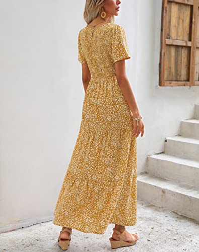Maggeer 2024 Womens Summer Spring Short Sleeve Maxi Dress Casual Flowy Cute Smocked Boho Baby Shower Beach Wedding Guest Long Dresses for Women Mustard L