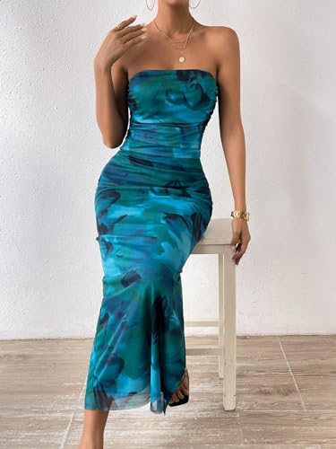 GORGLITTER Women's Mesh Floral Strapless Bodycon Maxi Dress Ruched Tube Long Dresses with Slit Green Medium