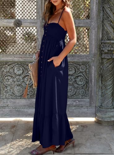 Dokotoo Sundresses for Women 2024 Beach Vacation Long Bohemian Sun Dress Spaghetti Straps Summer Casual Sexy Sleeveless Open Back A Line Button Down Smocked Elastic Flowy Maxi Dresses Blue Small