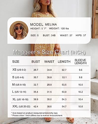 Maggeer 2024 Womens Summer Spring Short Sleeve Maxi Dress Casual Flowy Cute Smocked Boho Baby Shower Beach Wedding Guest Long Dresses for Women Mustard L