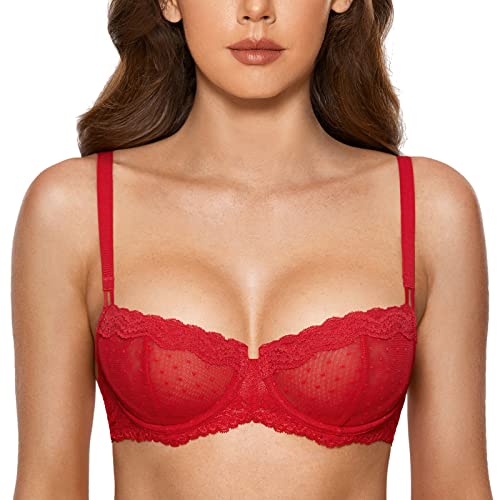DOBREVA Women's Sexy Lace Bra Underwire Balconette Unlined Demi Sheer Plus Size Lipstick Red 38C