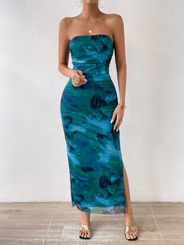 GORGLITTER Women's Mesh Floral Strapless Bodycon Maxi Dress Ruched Tube Long Dresses with Slit Green Medium