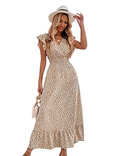 MakeMeChic Women's Allover Print Ruffle Sleeve V Neck Ruffle Hem A Line Summer Maxi Dress Khaki L