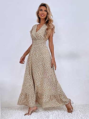 MakeMeChic Women's Allover Print Ruffle Sleeve V Neck Ruffle Hem A Line Summer Maxi Dress Khaki L