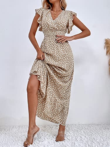 MakeMeChic Women's Allover Print Ruffle Sleeve V Neck Ruffle Hem A Line Summer Maxi Dress Khaki L