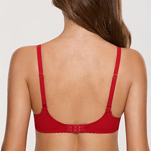 DOBREVA Women's Sexy Lace Bra Underwire Balconette Unlined Demi Sheer Plus Size Lipstick Red 38C
