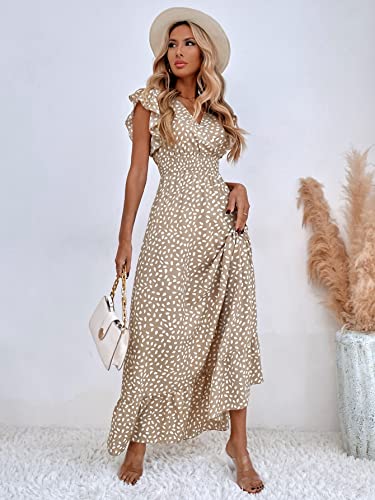 MakeMeChic Women's Allover Print Ruffle Sleeve V Neck Ruffle Hem A Line Summer Maxi Dress Khaki L