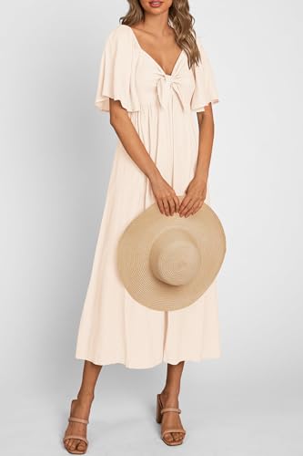 PRETTYGARDEN Summer Dress for Women 2024 Casual Short Sleeve Bow Tie V Neck Ruffle Midi Flowy Dresses (Beige,X-Large)