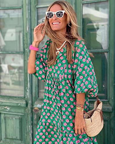 miduo Womens Dresses Fashion Summer V Neck Half Sleeve Bohemian Floral Pattern Maxi Long Dresses Boho Flowy Dresses Green S