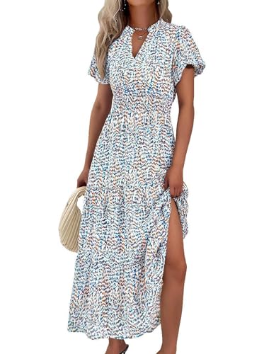 MASCOMODA Summer Maxi Dress for Women 2024 Casual V Neck Puff Short Sleeve Smocked Ruffle Flowy Beach Boho Long Floral Dress(Floral Blue White,X-Large)