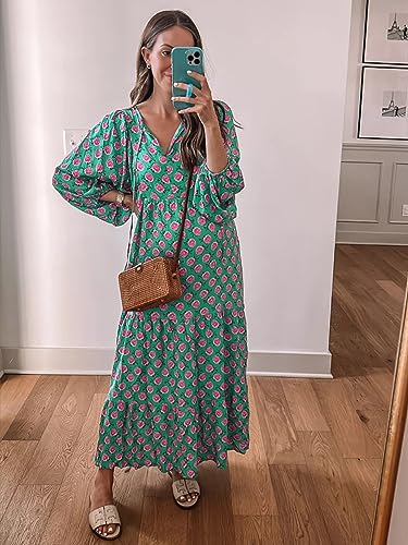 miduo Womens Dresses Fashion Summer V Neck Half Sleeve Bohemian Floral Pattern Maxi Long Dresses Boho Flowy Dresses Green S