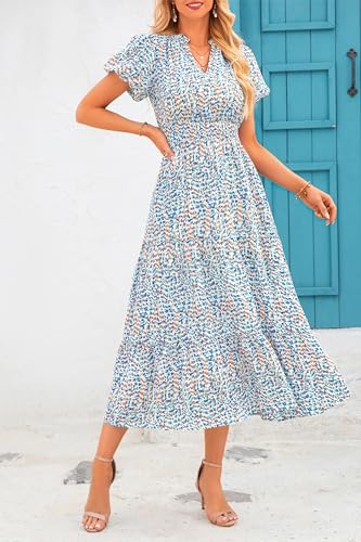 MASCOMODA Summer Maxi Dress for Women 2024 Casual V Neck Puff Short Sleeve Smocked Ruffle Flowy Beach Boho Long Floral Dress(Floral Blue White,X-Large)