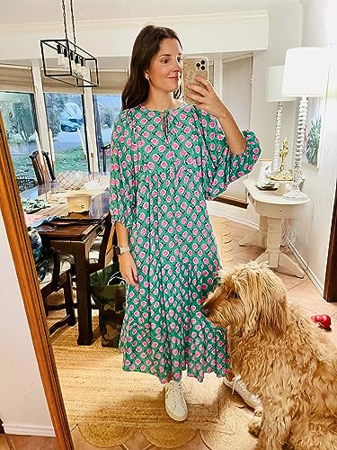 miduo Womens Dresses Fashion Summer V Neck Half Sleeve Bohemian Floral Pattern Maxi Long Dresses Boho Flowy Dresses Green S