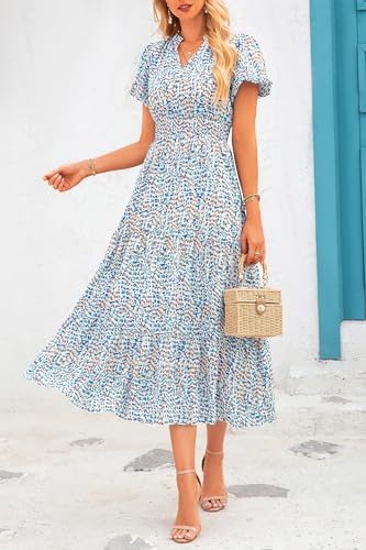 MASCOMODA Summer Maxi Dress for Women 2024 Casual V Neck Puff Short Sleeve Smocked Ruffle Flowy Beach Boho Long Floral Dress(Floral Blue White,X-Large)