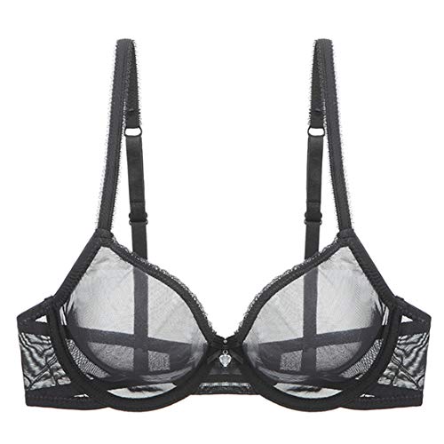 YANDW Sexy Sheer See Through Bras Unlined Underwire Lace Mesh Non Padded Ultra Thin Clear Bralette Black, 34C