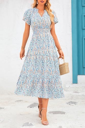 MASCOMODA Summer Maxi Dress for Women 2024 Casual V Neck Puff Short Sleeve Smocked Ruffle Flowy Beach Boho Long Floral Dress(Floral Blue White,X-Large)