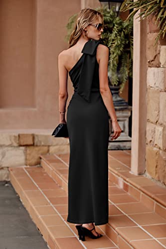 PRETTYGARDEN Women's Summer One Shoulder Long Formal Dresses Sleeveless Ruched Bodycon Wedding Guest Slit Maxi Dress (Black,Large)