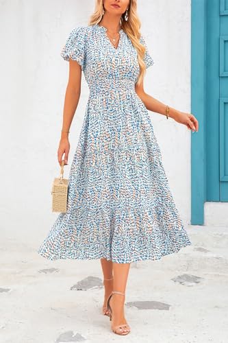 MASCOMODA Summer Maxi Dress for Women 2024 Casual V Neck Puff Short Sleeve Smocked Ruffle Flowy Beach Boho Long Floral Dress(Floral Blue White,X-Large)
