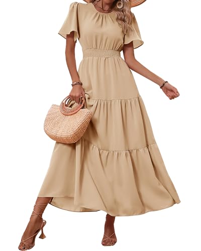 PRETTYGARDEN Women's Summer Dresses 2024 Casual Short Sleeve Crew Neck Smocked Waist Tiered Boho Flowy Long Dress(Solid Khaki,Large)