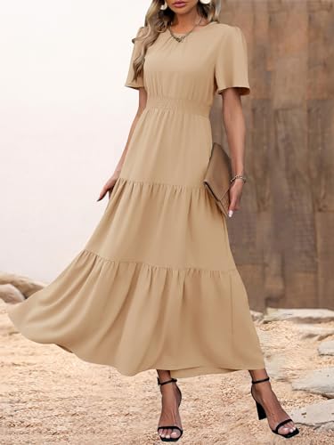 PRETTYGARDEN Women's Summer Dresses 2024 Casual Short Sleeve Crew Neck Smocked Waist Tiered Boho Flowy Long Dress(Solid Khaki,Large)