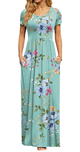 DB MOON Womens 2024 Casual Summer Maxi Dresses Short Sleeve Empire Waist Spring Long Dress with Pockets(Mint Green Floral, M)