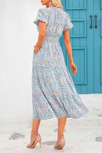 MASCOMODA Summer Maxi Dress for Women 2024 Casual V Neck Puff Short Sleeve Smocked Ruffle Flowy Beach Boho Long Floral Dress(Floral Blue White,X-Large)