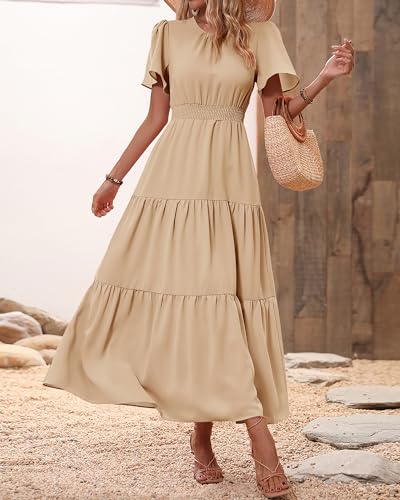 PRETTYGARDEN Women's Summer Dresses 2024 Casual Short Sleeve Crew Neck Smocked Waist Tiered Boho Flowy Long Dress(Solid Khaki,Large)