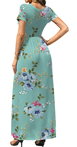 DB MOON Womens 2024 Casual Summer Maxi Dresses Short Sleeve Empire Waist Spring Long Dress with Pockets(Mint Green Floral, M)