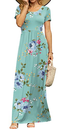 DB MOON Womens 2024 Casual Summer Maxi Dresses Short Sleeve Empire Waist Spring Long Dress with Pockets(Mint Green Floral, M)