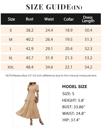 PRETTYGARDEN Women's Summer Dresses 2024 Casual Short Sleeve Crew Neck Smocked Waist Tiered Boho Flowy Long Dress(Solid Khaki,Large)