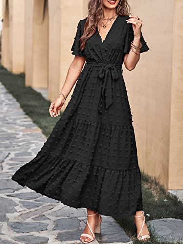 MASCOMODA Dresses for Women 2024 Short Flutter Sleeve Tiered Maxi Dress Swiss Dot Solid V Neck Wedding Guest Dress with Belt(Black,X-Large)