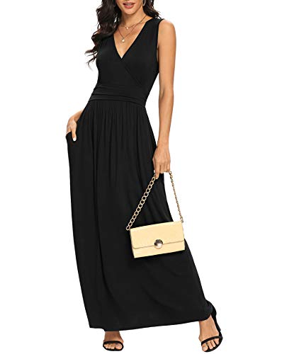 LILBETTER Women Sleeveless Deep V Neck Loose Plain Long Maxi Casual Dress(Black,Medium)