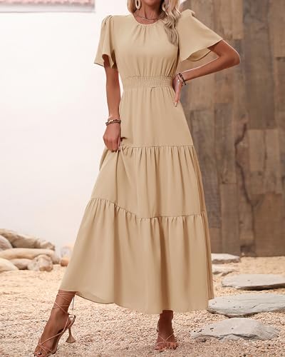 PRETTYGARDEN Women's Summer Dresses 2024 Casual Short Sleeve Crew Neck Smocked Waist Tiered Boho Flowy Long Dress(Solid Khaki,Large)
