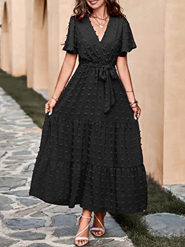 MASCOMODA Dresses for Women 2024 Short Flutter Sleeve Tiered Maxi Dress Swiss Dot Solid V Neck Wedding Guest Dress with Belt(Black,X-Large)