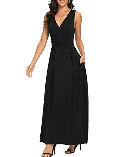 LILBETTER Women Sleeveless Deep V Neck Loose Plain Long Maxi Casual Dress(Black,Medium)