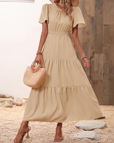 PRETTYGARDEN Women's Summer Dresses 2024 Casual Short Sleeve Crew Neck Smocked Waist Tiered Boho Flowy Long Dress(Solid Khaki,Large)