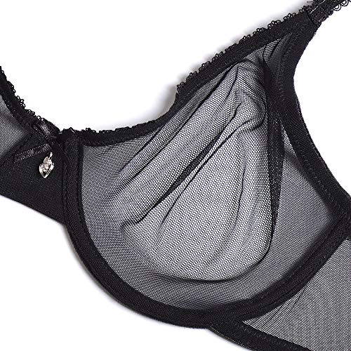 YANDW Sexy Sheer See Through Bras Unlined Underwire Lace Mesh Non Padded Ultra Thin Clear Bralette Black, 34C