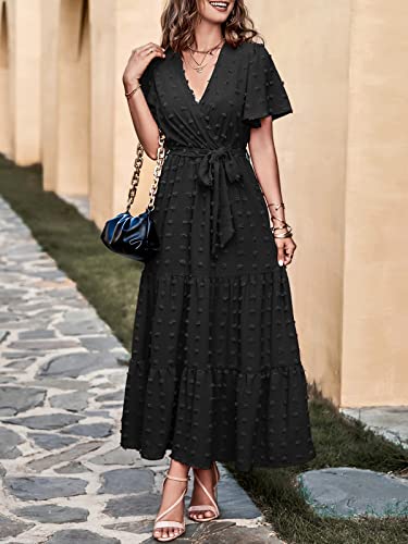 MASCOMODA Dresses for Women 2024 Short Flutter Sleeve Tiered Maxi Dress Swiss Dot Solid V Neck Wedding Guest Dress with Belt(Black,X-Large)