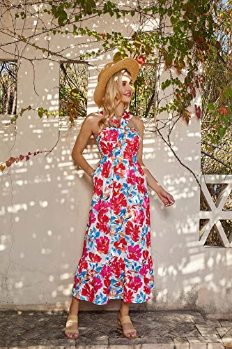 2024 Women's Summer Halterneck Flowy A Line Floral Maxi Long Dresses Multicolor S