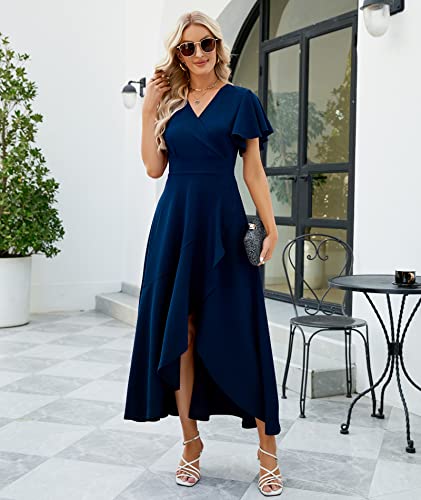 Navy Blue Elegant V-Neck Wrap Evening Dress