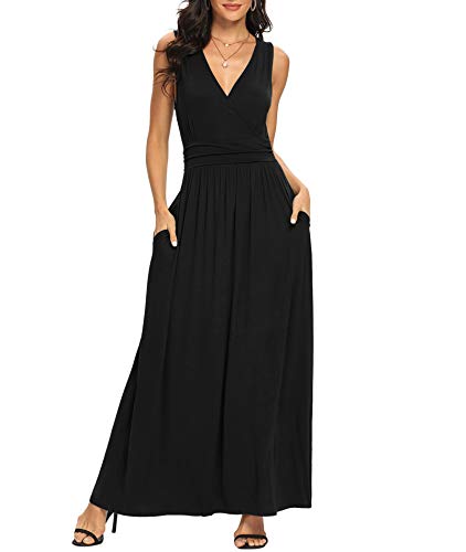 LILBETTER Women Sleeveless Deep V Neck Loose Plain Long Maxi Casual Dress(Black,Medium)