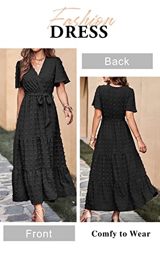 MASCOMODA Dresses for Women 2024 Short Flutter Sleeve Tiered Maxi Dress Swiss Dot Solid V Neck Wedding Guest Dress with Belt(Black,X-Large)