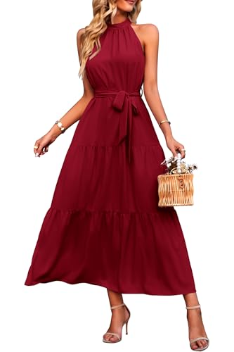 PRETTYGARDEN Women's Summer Maxi Sun Dress Sleeveless Halter Neck Flowy Ruffle Hem Long Boho Dresses with Belt (Solid Wine Red,Small)