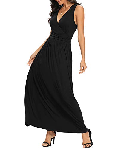 LILBETTER Women Sleeveless Deep V Neck Loose Plain Long Maxi Casual Dress(Black,Medium)