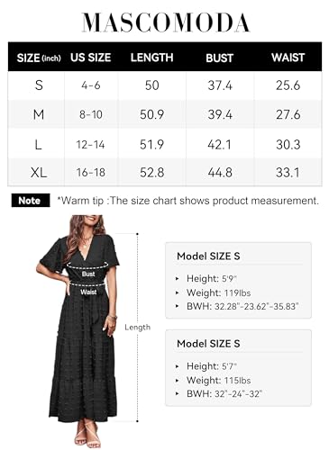 MASCOMODA Dresses for Women 2024 Short Flutter Sleeve Tiered Maxi Dress Swiss Dot Solid V Neck Wedding Guest Dress with Belt(Black,X-Large)