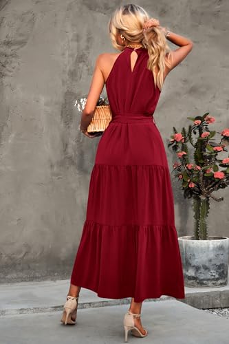 PRETTYGARDEN Women's Summer Maxi Sun Dress Sleeveless Halter Neck Flowy Ruffle Hem Long Boho Dresses with Belt (Solid Wine Red,Small)