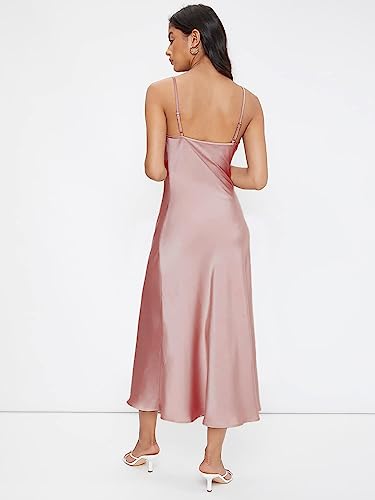Floerns Women's Spaghetti Strap Cowl Neck Long Slip Satin Silk Midi Dress Pink M