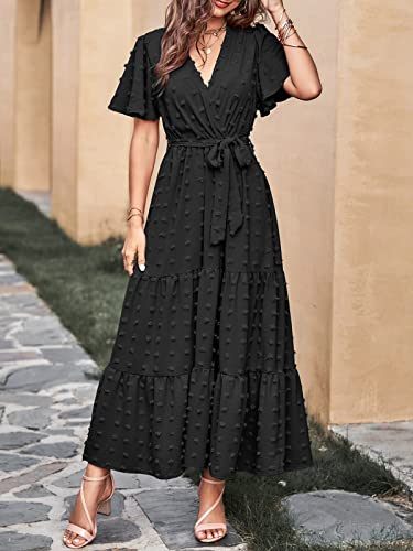 MASCOMODA Dresses for Women 2024 Short Flutter Sleeve Tiered Maxi Dress Swiss Dot Solid V Neck Wedding Guest Dress with Belt(Black,X-Large)