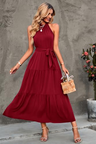 PRETTYGARDEN Women's Summer Maxi Sun Dress Sleeveless Halter Neck Flowy Ruffle Hem Long Boho Dresses with Belt (Solid Wine Red,Small)